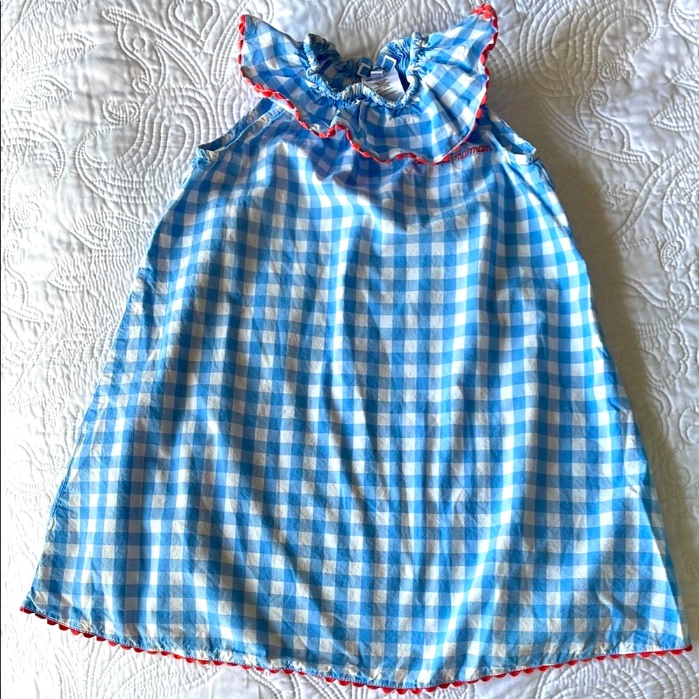 Jacadi Paris Blue and White Gingham Dress with Red Trim
